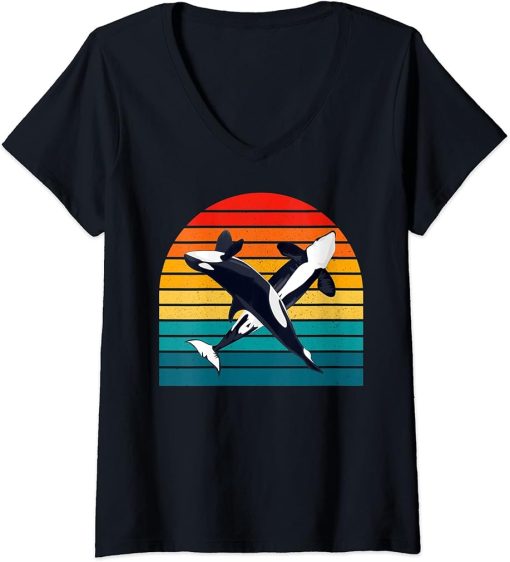 Womens Orca Retro - Killer Whale Orcas Love Vintage Men Women Kids V-Neck T-Shirt