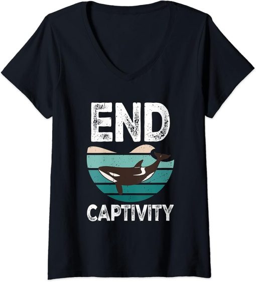 Womens End Captivity Orca Sea Mamal Lover V-Neck T-Shirt