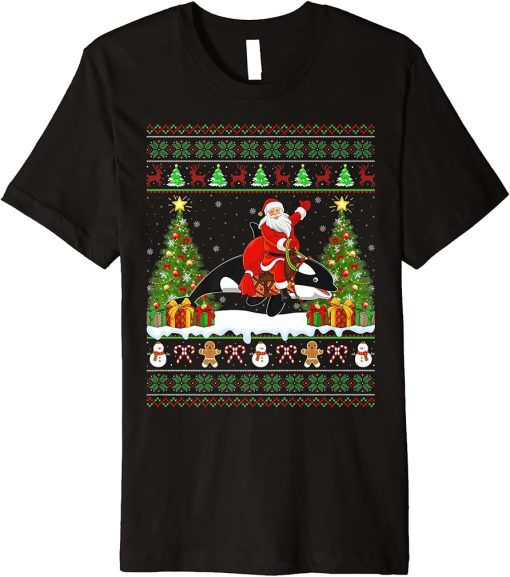 Orca Fish Lover Funny Ugly Santa Riding Orca Christmas Premium T-Shirt