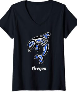 Womens Blue Native American Oregon Tribal Orca Killer Whale V-Neck T-Shirt