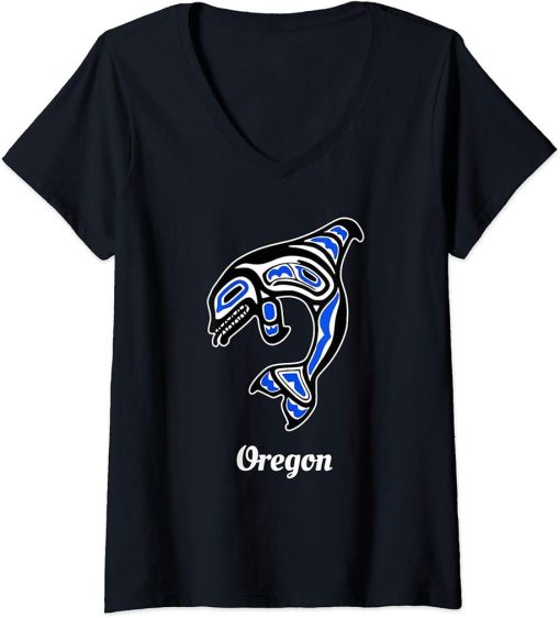 Womens Blue Native American Oregon Tribal Orca Killer Whale V-Neck T-Shirt